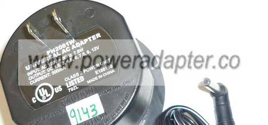 PH2061W UNIVERSAL AC ADAPTER 1.2,3,4,5,6,7.5,9,12VDC 300mA USED - Click Image to Close
